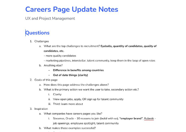A screenshot of a planning document, displaying questions about the goals and challenges of the careers page update