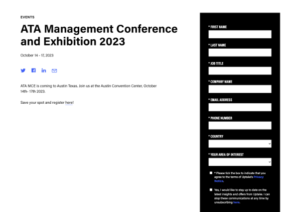 A page from uptake.com with event details in the left column and book-a-meeting form in the right column
