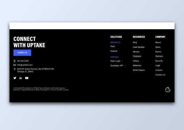 Uptake.com footer by August 2023, two column layout with contact information on the left, site navigation on the right, set on a black background