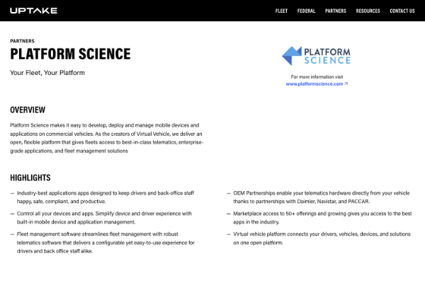 A page from uptake.com detailing the partnership with Platform Science