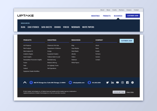 Uptake.com header and footer in April 2022, with the addition of a secondary nav on light gray background above the main navigtion